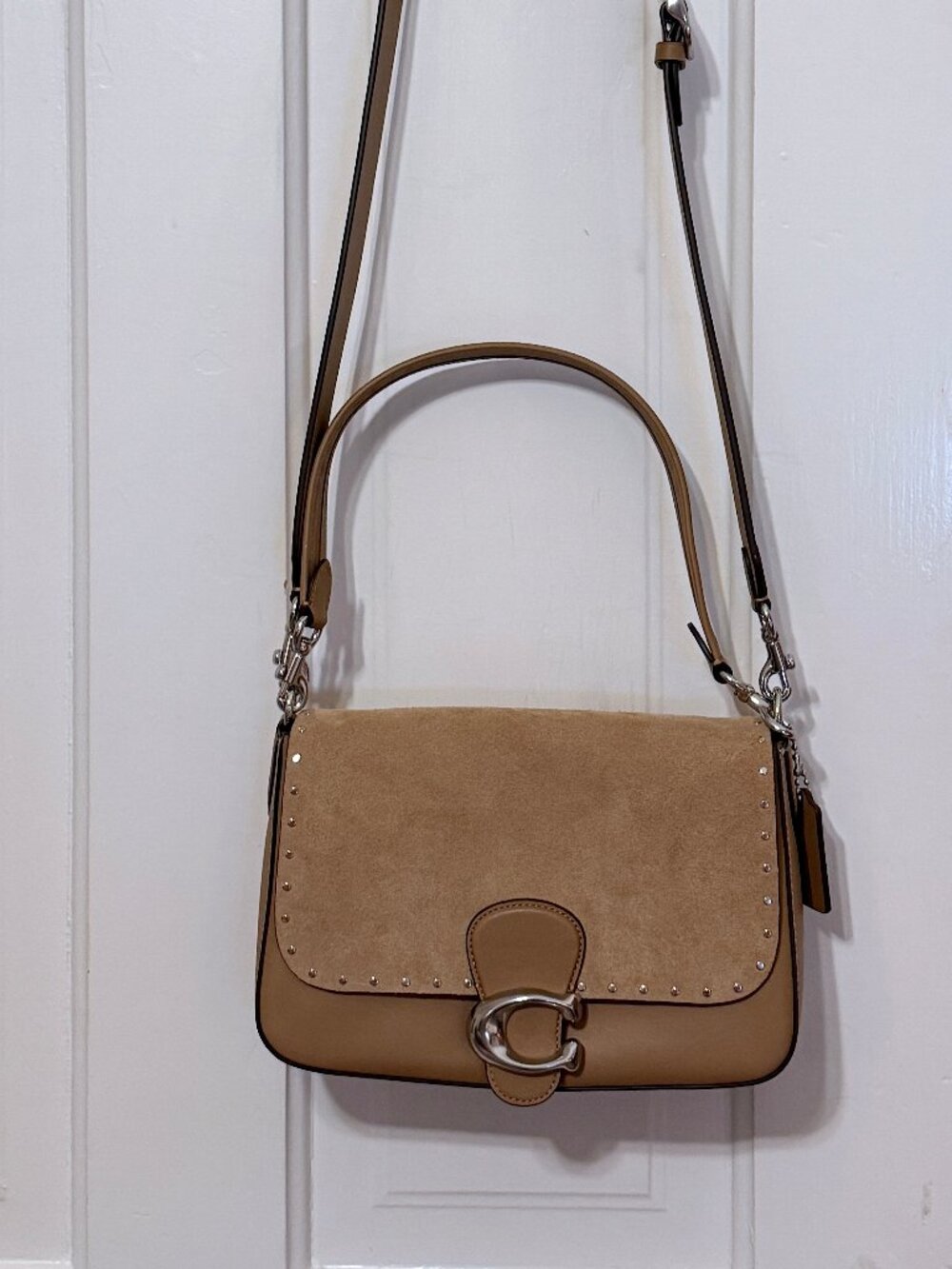 Coach Soft Tabby Shoulder Bag Crossbody Suede Peanut - Complete Both Straps